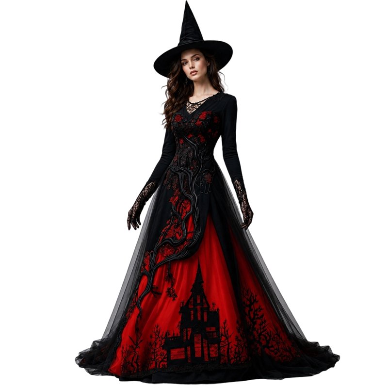 Women's Gothic Halloween Dress - Red S Tree Thorn Pattern Maxi Costume