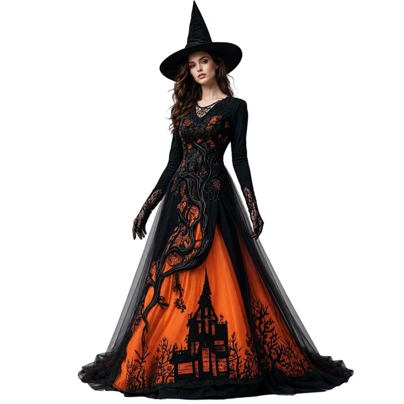 Women's Halloween Gothic Tree Thorn Pattern Lace Maxi Dress - Orange, L