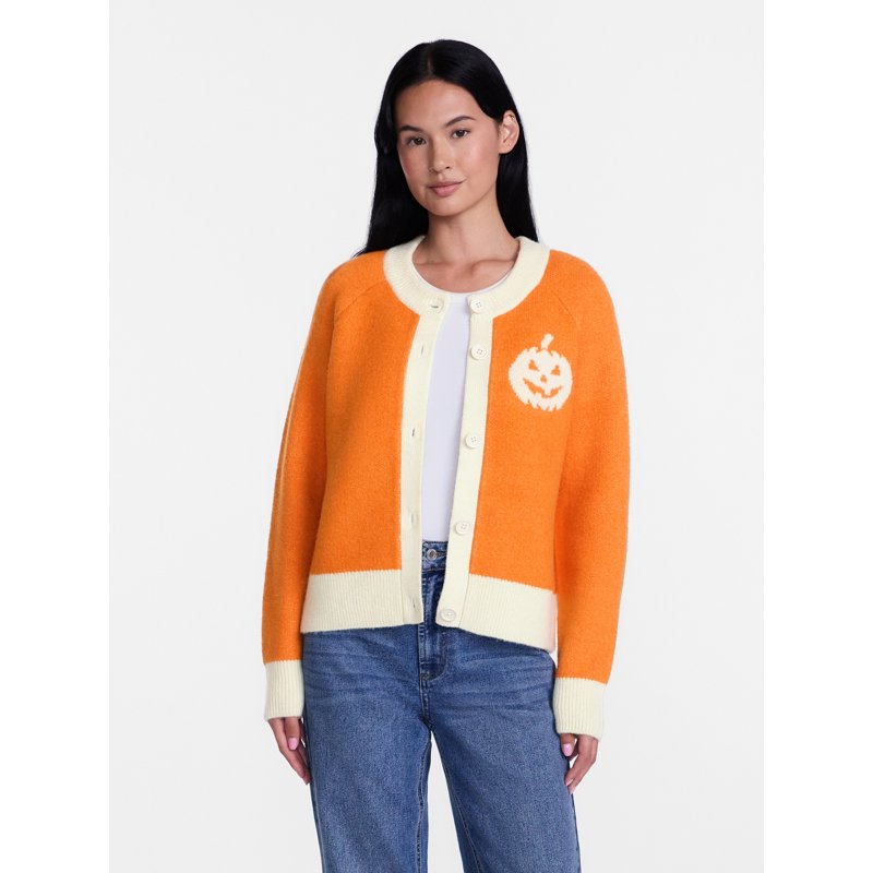 Jackie Orange Halloween Pumpkin Cardigan Sweater for Women - Size L