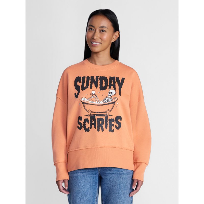 Women's Halloween Graphic Fleece Sweatshirt - Sunday Scaries Orange Adobe XXXL - Spooky and Comfortable