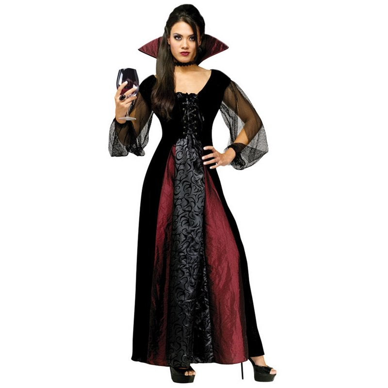 Women's Vampire Costume S/M - Elegant Black & Burgundy Dress with Tulle Sleeves