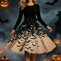 Women's Vintage Halloween Bat Print Swing Dress - Khaki XL Retro Gothic Midi