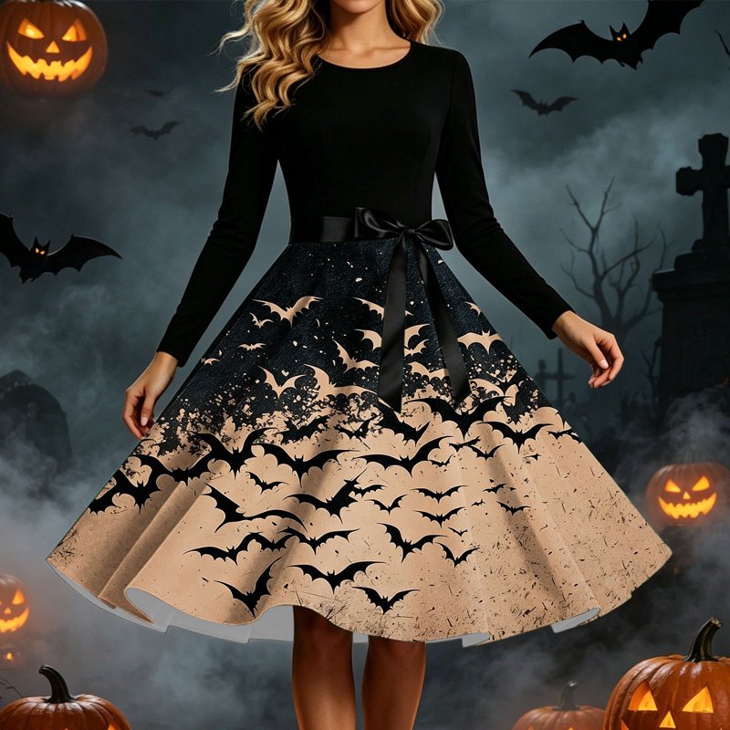 Women's Vintage Halloween Bat Print Swing Dress - Khaki XL Retro Gothic Midi