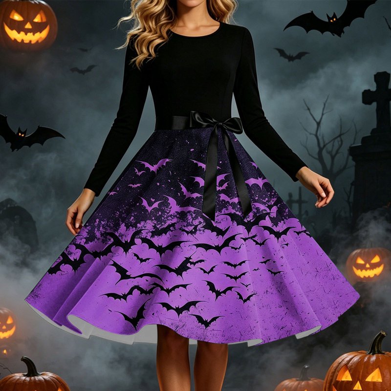 Women's Vintage Halloween Bat Print Swing Dress XL - Purple Gothic 1950s Retro A-Line Midi