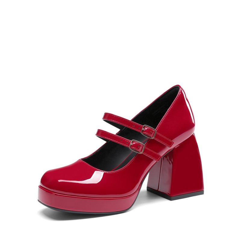 Red Women's Y2K Double Strap Platform Mary Jane Heels with Square Toe and Chunky Block Heel - Size 10