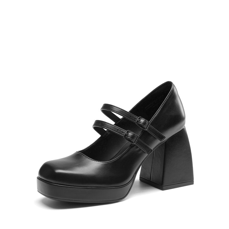 Black PU Double Strap Platform Mary Jane Heels - Women’s Y2K Chunky Block Heels 9.5