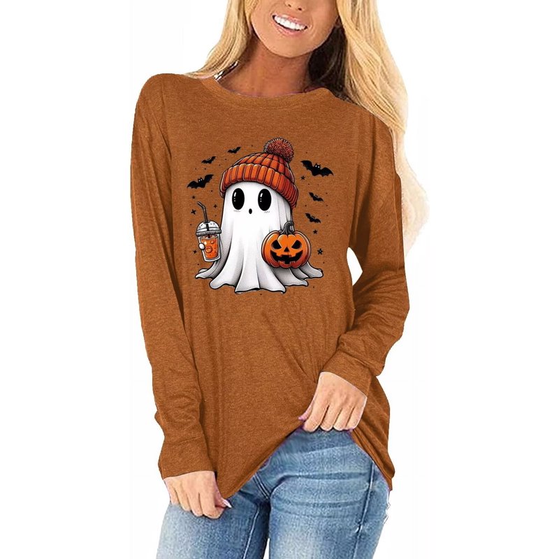 Women's Long Sleeve Halloween Pumpkin T-Shirt - Brown XL - Funny Fall Graphic Tee
