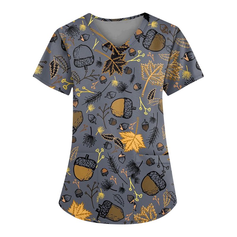XL Gray Women's Halloween Pumpkin-Headed Bat Printed Scrub Top with Pockets