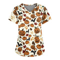 Beige Women's Halloween Pumpkin-Headed Bat Print Scrub Top - M Variation