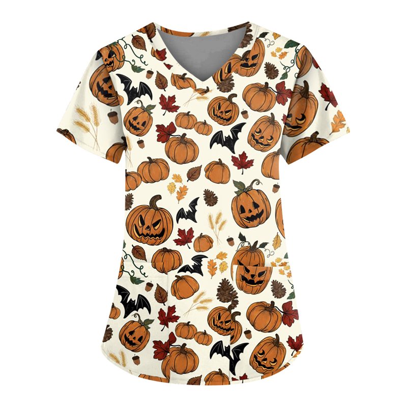Beige Women's Halloween Pumpkin-Headed Bat Print Scrub Top - M Variation