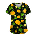 Green Plus Size Women's Halloween Pumpkin Bat Print Scrub Top with Pockets XXL