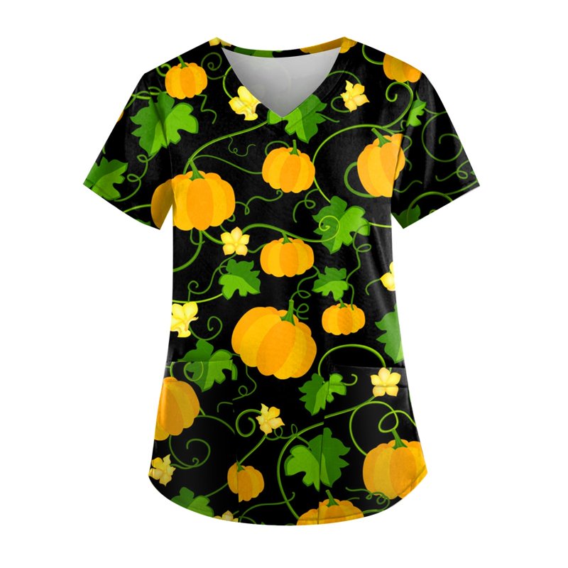 Green Plus Size Women's Halloween Pumpkin Bat Print Scrub Top with Pockets XXL