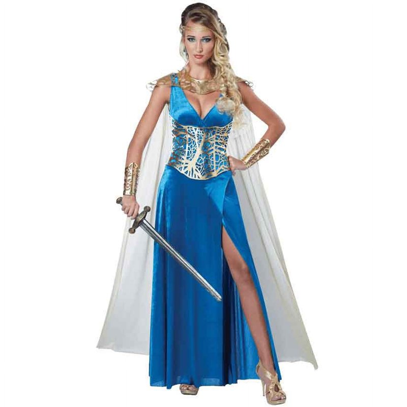 Women’s Warrior Queen Costume with Blue Gown and Gold Armor - Size Large (Variation L)
