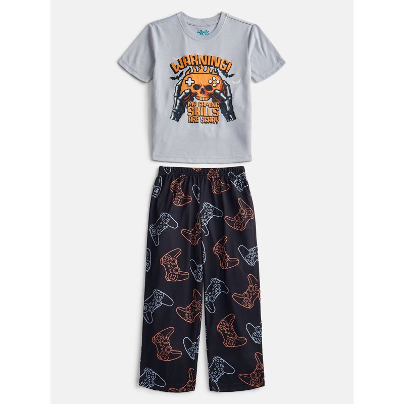 Wonder Nation Boys Short Sleeve Graphic Tee and Wide Leg Pants Sleep Set - Silver Lining Halloween Controller, Size 10-12