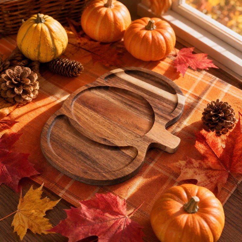 Wooden Pumpkin Serving Tray - Fall Cheese Board & Holiday Party Platter - Variation D