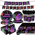Halloween Evil Pumpkin Neon Tableware Set for 24 Guests - Disposable Party Supplies
