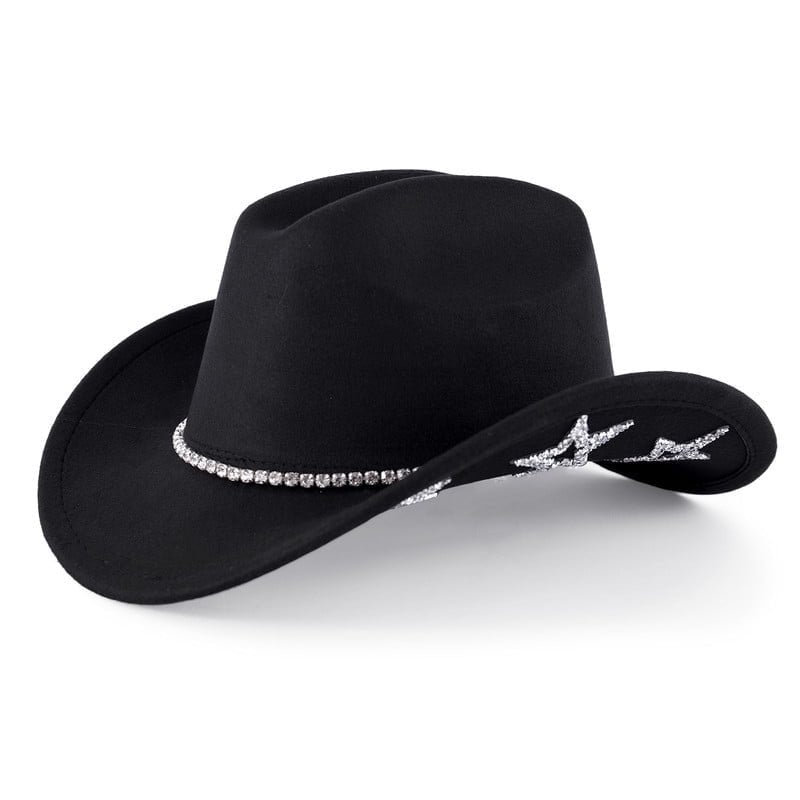 Black-Star Wide Brim Cowboy Hat with Rhinestone Glitter Band – Unisex Western Rodeo Hat for Men Women, Outdoor & Party Wear