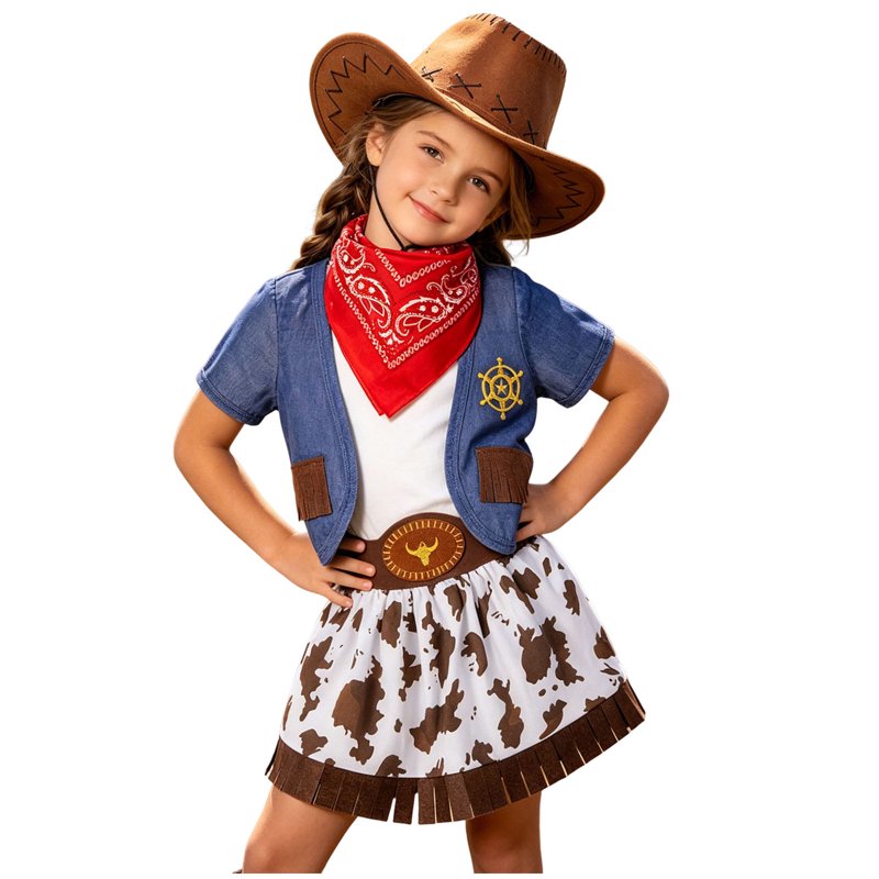 Toddler Girls Cowgirl Outfit with Denim Dress Hat & Scarf - Blue, 3-4 Years - Western Rodeo Costume