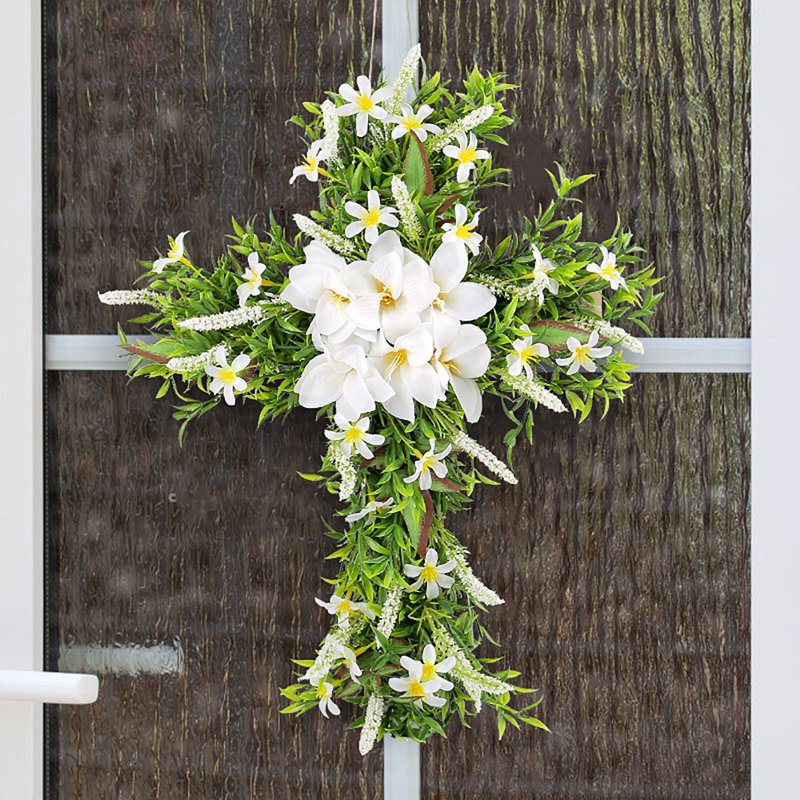 Easter Front Door Wreath Cross - Rustic Farmhouse 19.7 Inch Easter Decoration - Variation D