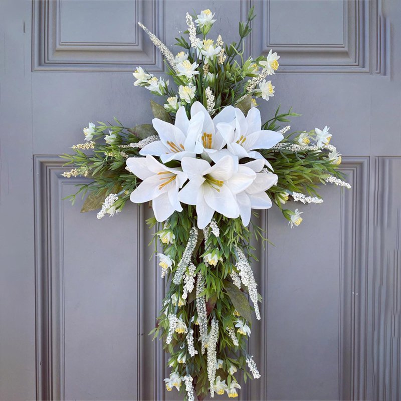 Easter Front Door Wreath Cross - 20 Inch Rustic Farmhouse Decoration - Variation B