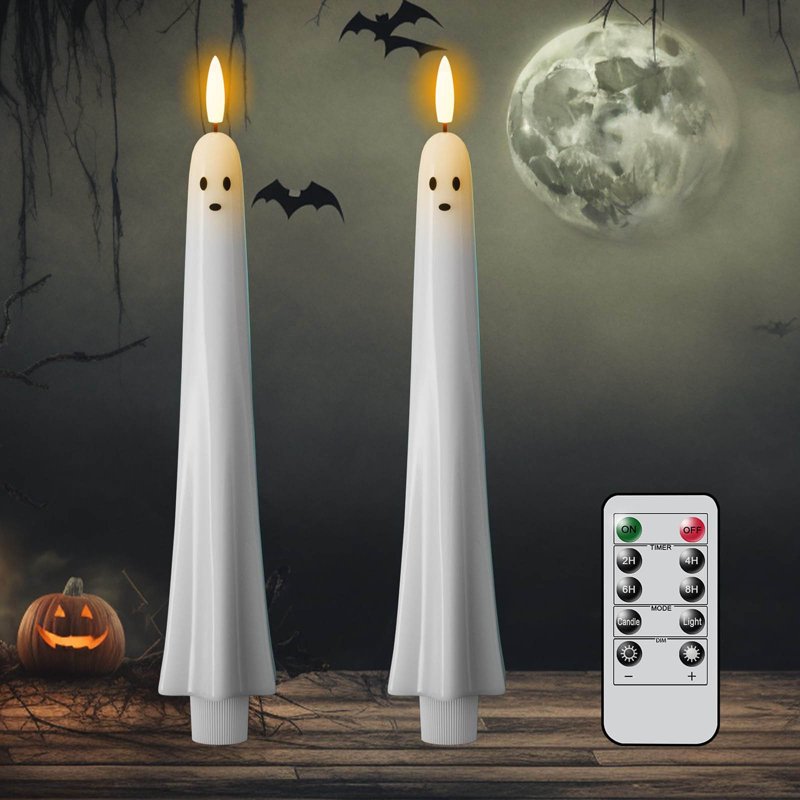 Halloween Ghost Flameless Taper Candles Set with Remote & Timer - White, Flickering LED, Indoor Decor - Variation C