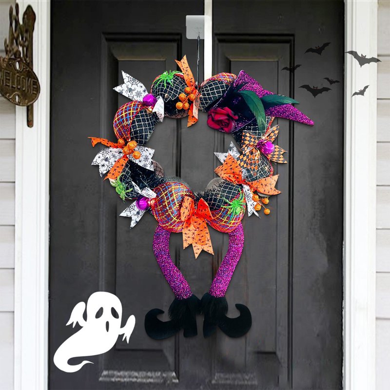 Halloween Front Door Wreath with Witch Hat and Feet - 17.7 Inch Indoor Outdoor Decoration