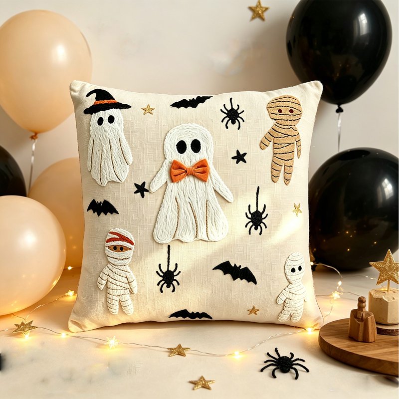 Halloween Ghost White Throw Pillow Cover 18x18 Inch Plush Faux Fur - Halloween Decor H-A