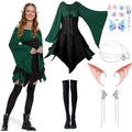 Women Elf Costume Set with Medieval Dress, Elf Ears, Crown & Stockings - Size L