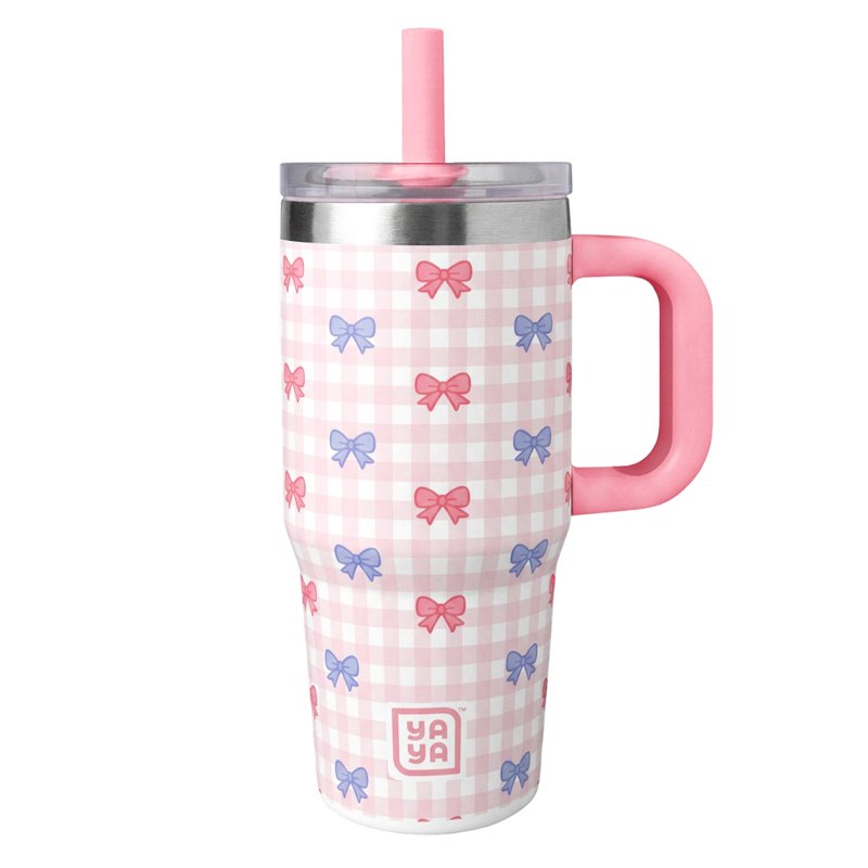 My First Travel Tumbler for Kids - 12oz Insulated Stainless Steel, Plaid Bows