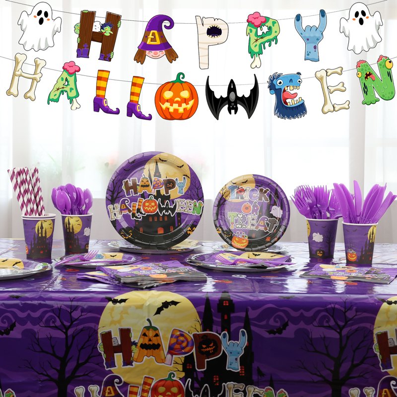 Halloween Party Supplies 24-Piece Disposable Set with Plates Cups Banner & Tablecloth