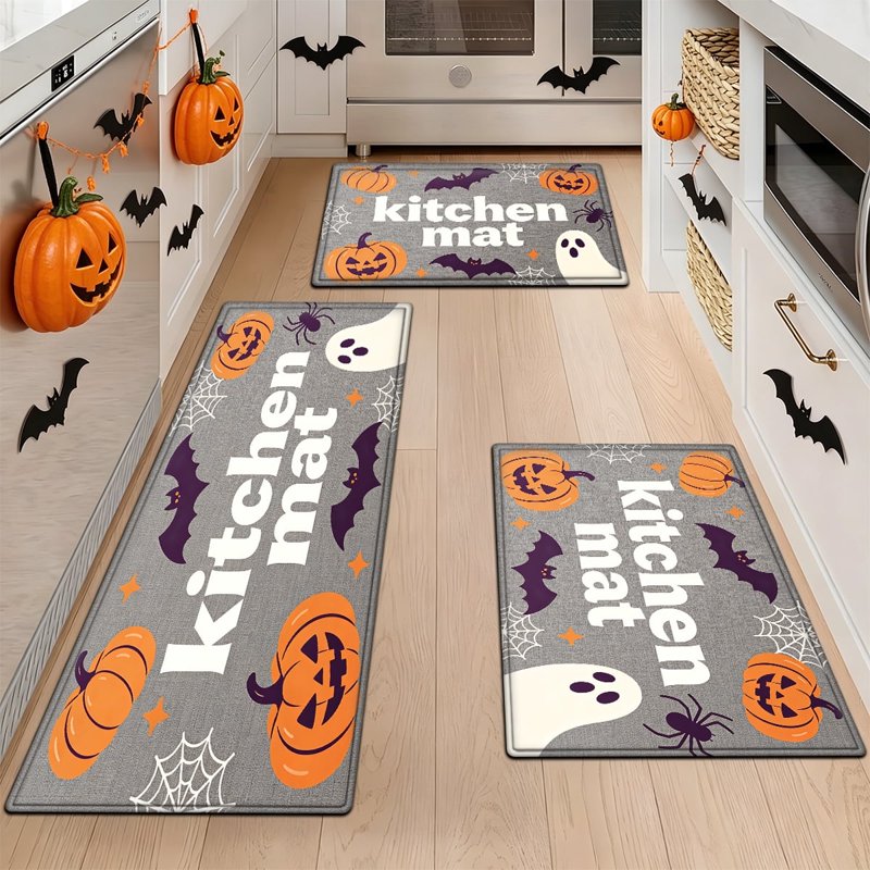 Halloween Pumpkin Lanterns 3-Pack with Flannel Mats Set - Non-Slip Home & Bathroom Decor
