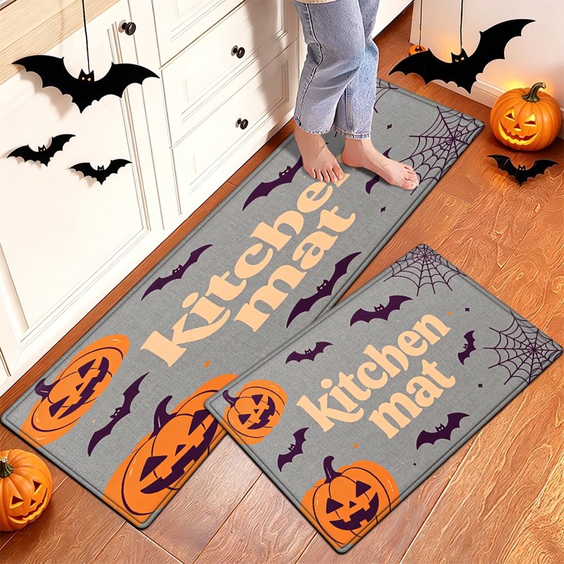 Halloween Pumpkin Lanterns 2Pcs Flannel Mat Set - Non-Slip Home Entryway Bathroom Decor