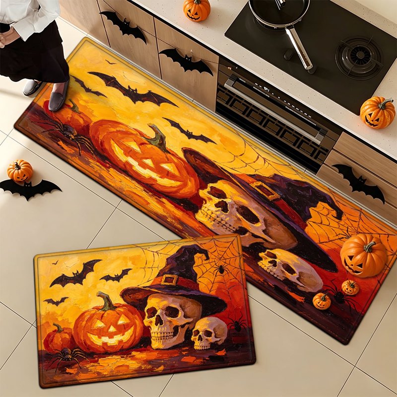 Halloween Pumpkin Lanterns 2Pcs - Flannel Non-Slip Kitchen & Home Rugs, 15.7x23.6 and 17.7x47.2 Inches