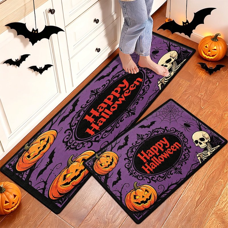 Halloween Pumpkin Lanterns & Flannel Floor Mat 2-Piece Set - Non-Slip Bathroom Entryway & Kitchen Rugs - Variation of THIS Listing