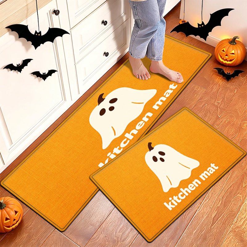 Halloween White Ghost Non-Slip Flannel Floor Mat & Rug Set - 15.7x23.6 & 17.7x47.2 Inches