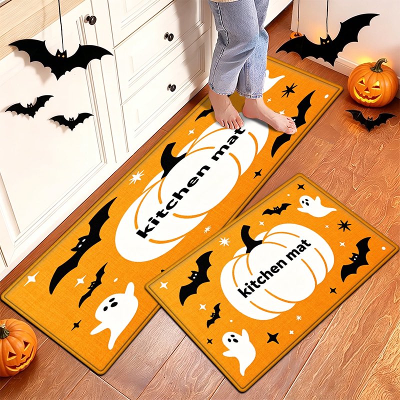 Halloween White Pumpkin Flannel Floor Mat & Kitchen Rug Set - 2 Pcs, Non-slip, 15.7x23.6 & 17.7x47.2 Inches