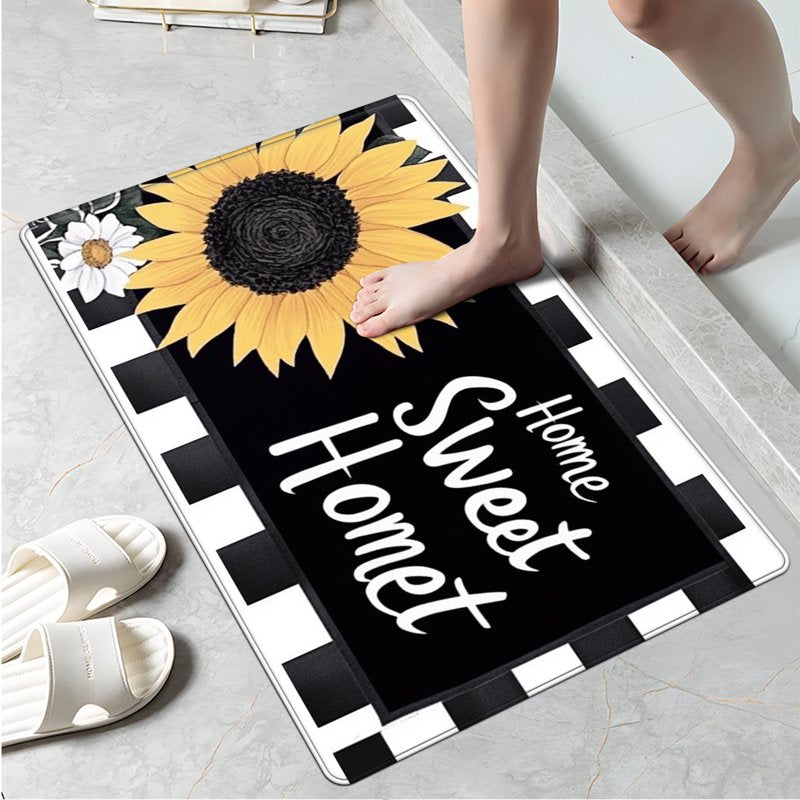Kitchen Rug and Door Mat - Washable Flannel Sunflower Black and White Grid 15.7'' x 23.6'' - Autumn & Winter Decor