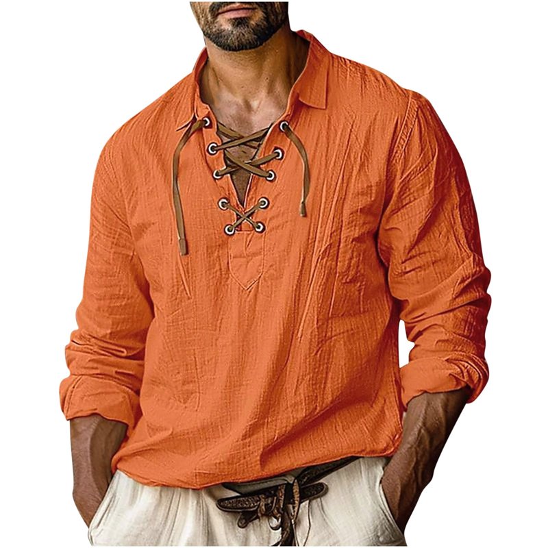 Men's Medieval Pirate Linen Tunic Shirt - Orange XL Renaissance Costume