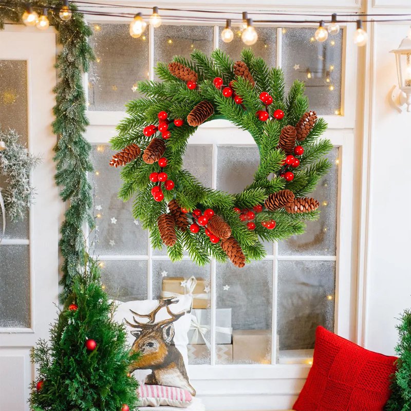 Christmas Wreath with Lights - 14.17 Inch Red Berries Pine Cones Front Door Decor - Variation 4B