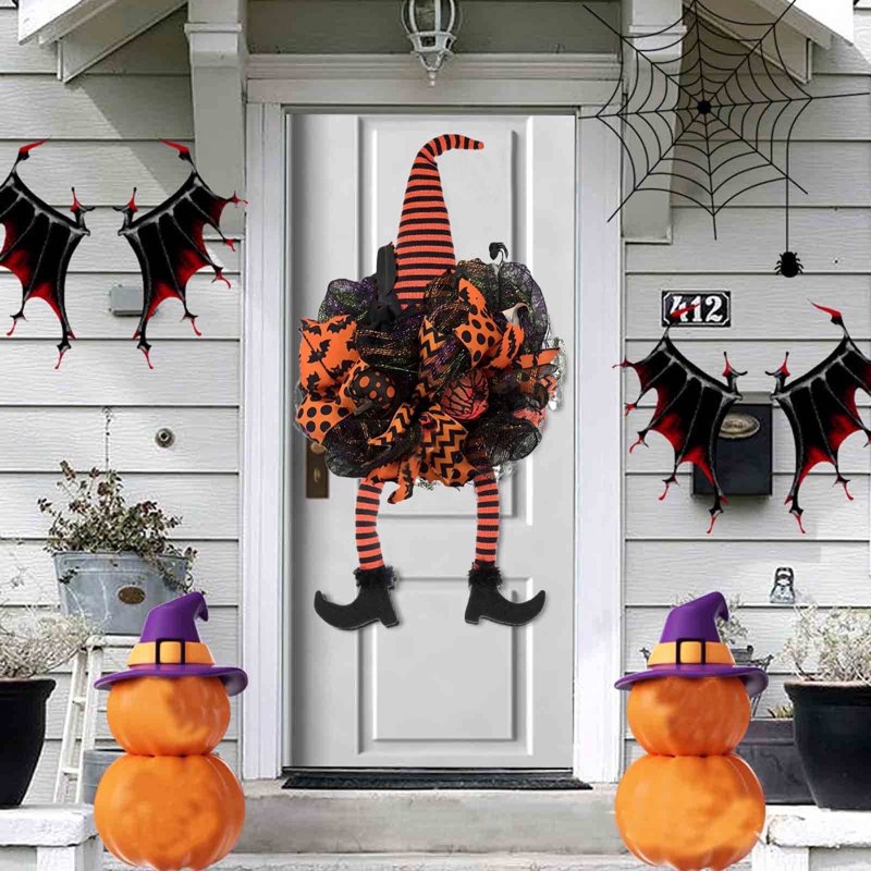 Halloween Wreath for Front Door with Witch Hat Legs - Indoor Outdoor Decoration - Variation 1-B