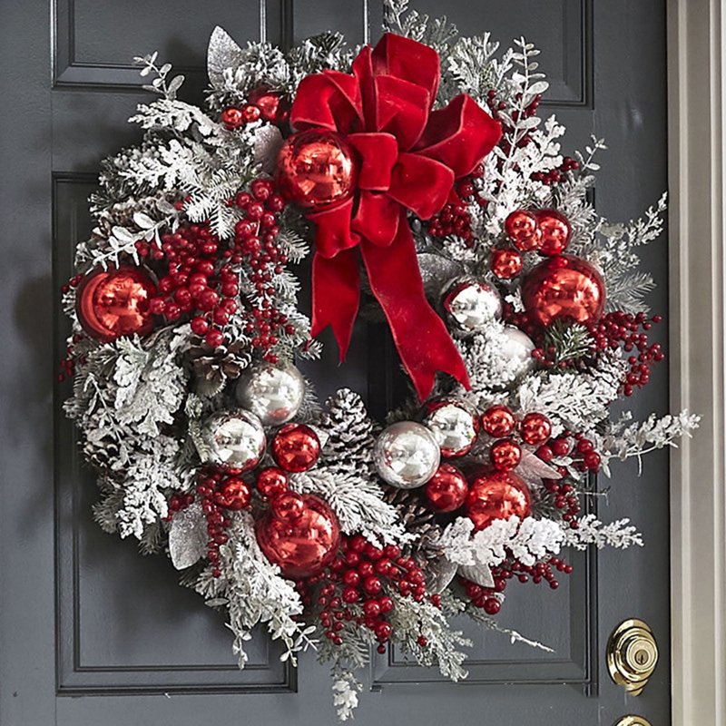 Christmas Front Door Wreath with Red Berries Pine Cones Artificial Winter Decor - Red