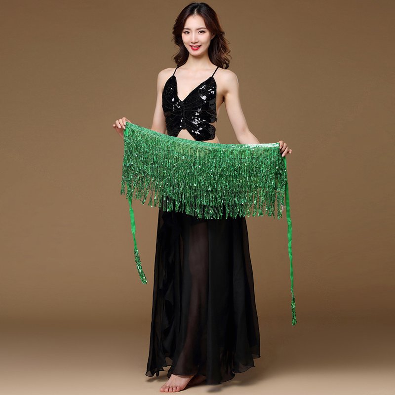 Green Plus Size Belly Dance Skirt with Sequins Tassels Belt for Women - Hip Wrap Outfit