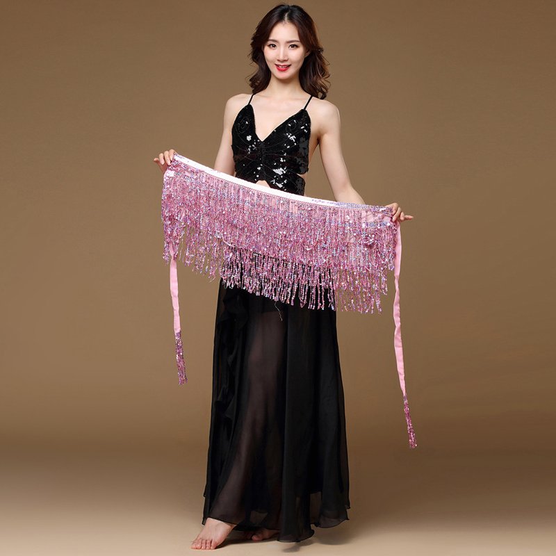 Pink Plus Size Belly Dance Skirt with Sequins Tassels Bead Belt for Women