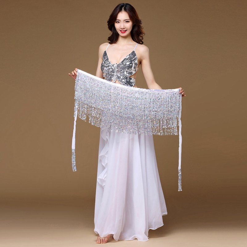 White Plus Size Belly Dance Skirt with Sequins Tassels Beads Belt for Women