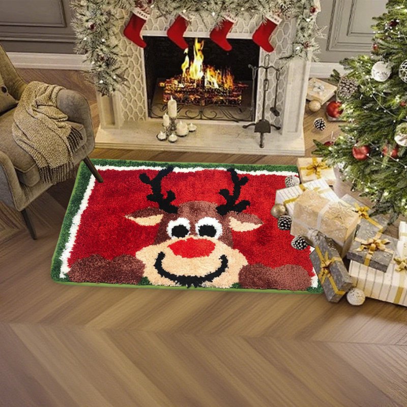 Christmas Reindeer Rug - Red Holiday Door Mat with Non-Slip Rubber Bottom - Variation #27