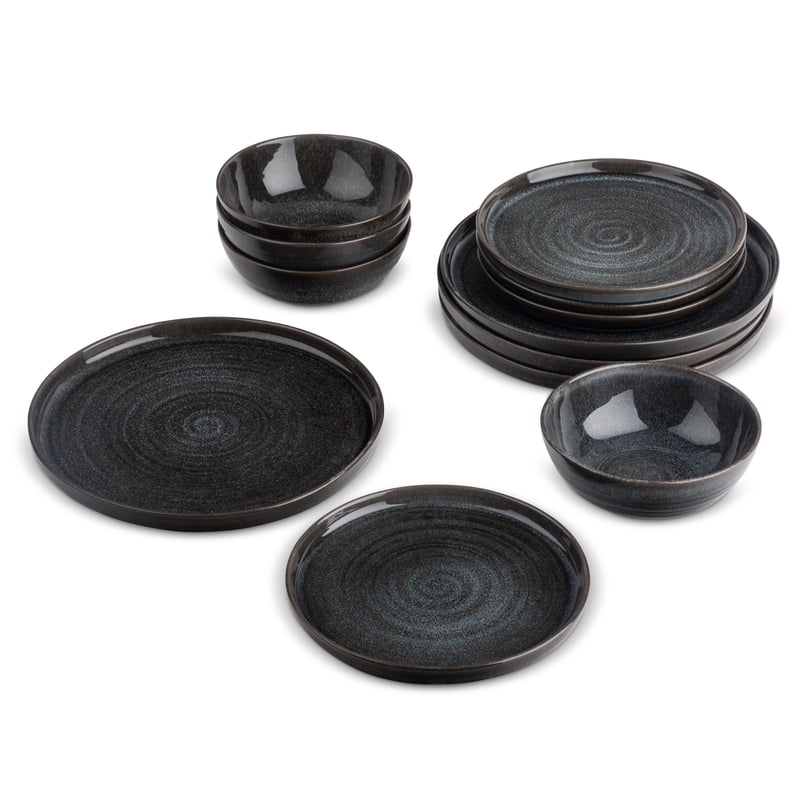 12-Piece Ceramic Dinnerware Set - Green & Brown - Black - Rip