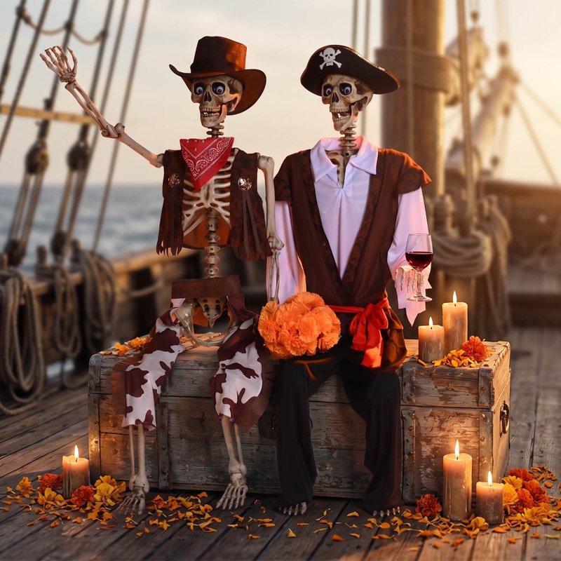 Halloween Life Size Skeleton with Cowboy Outfit - 5.6 ft Poseable Decor