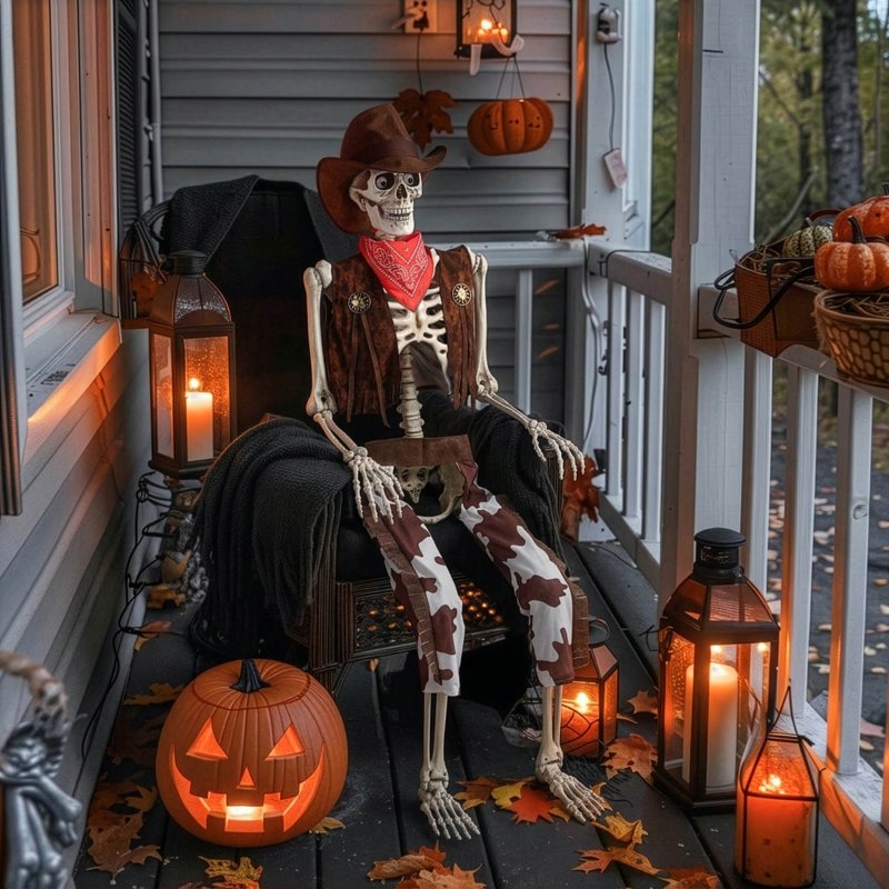 Life Size Cowboy Skeleton Halloween Prop - 5.6ft Outdoor Indoor Decor