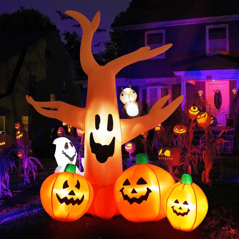 8FT Halloween Inflatable Dead Tree with LED Lights, Yard Decorations with Pumpkins Ghost & Owl