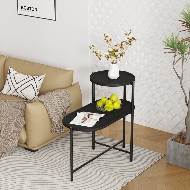 2-Tier Round End Table with Storage Trays - Modern Design